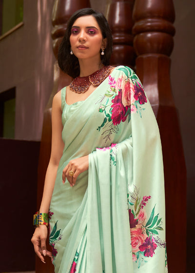 Minty Fresh Satin Silk Saree with Floral Print
