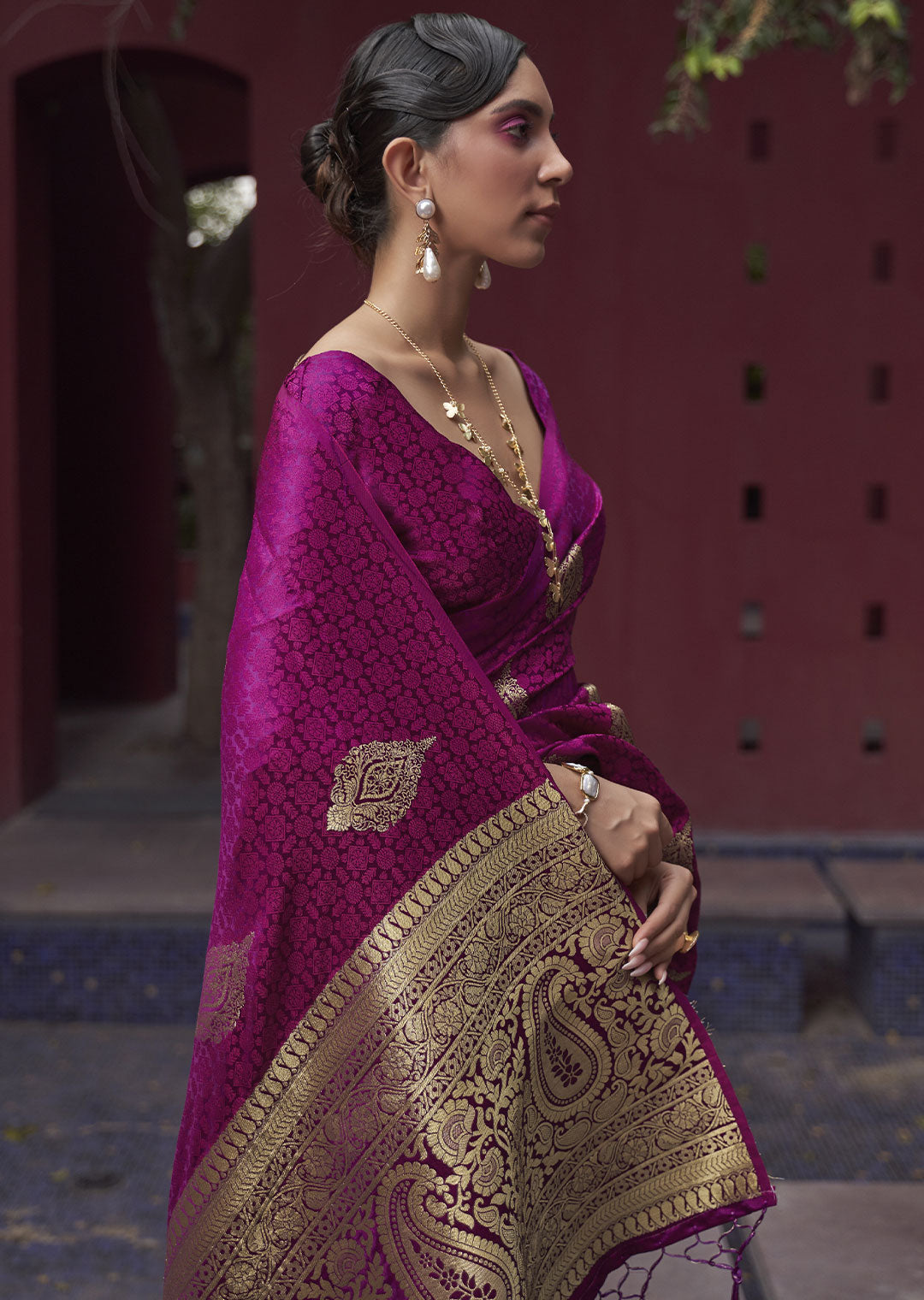 A Vibrant Delight Pink Banarasi Woven Satin Silk Saree