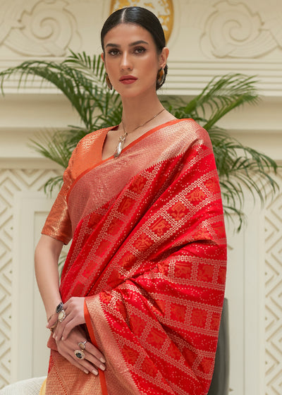 Flaming Red Patola Silk Saree with Embroidered Blouse