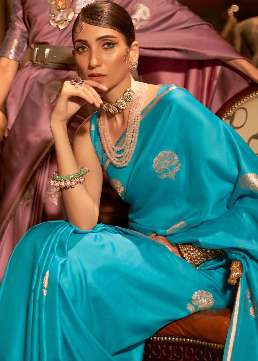 Garnet Blue Woven Banarasi Satin Silk Sare