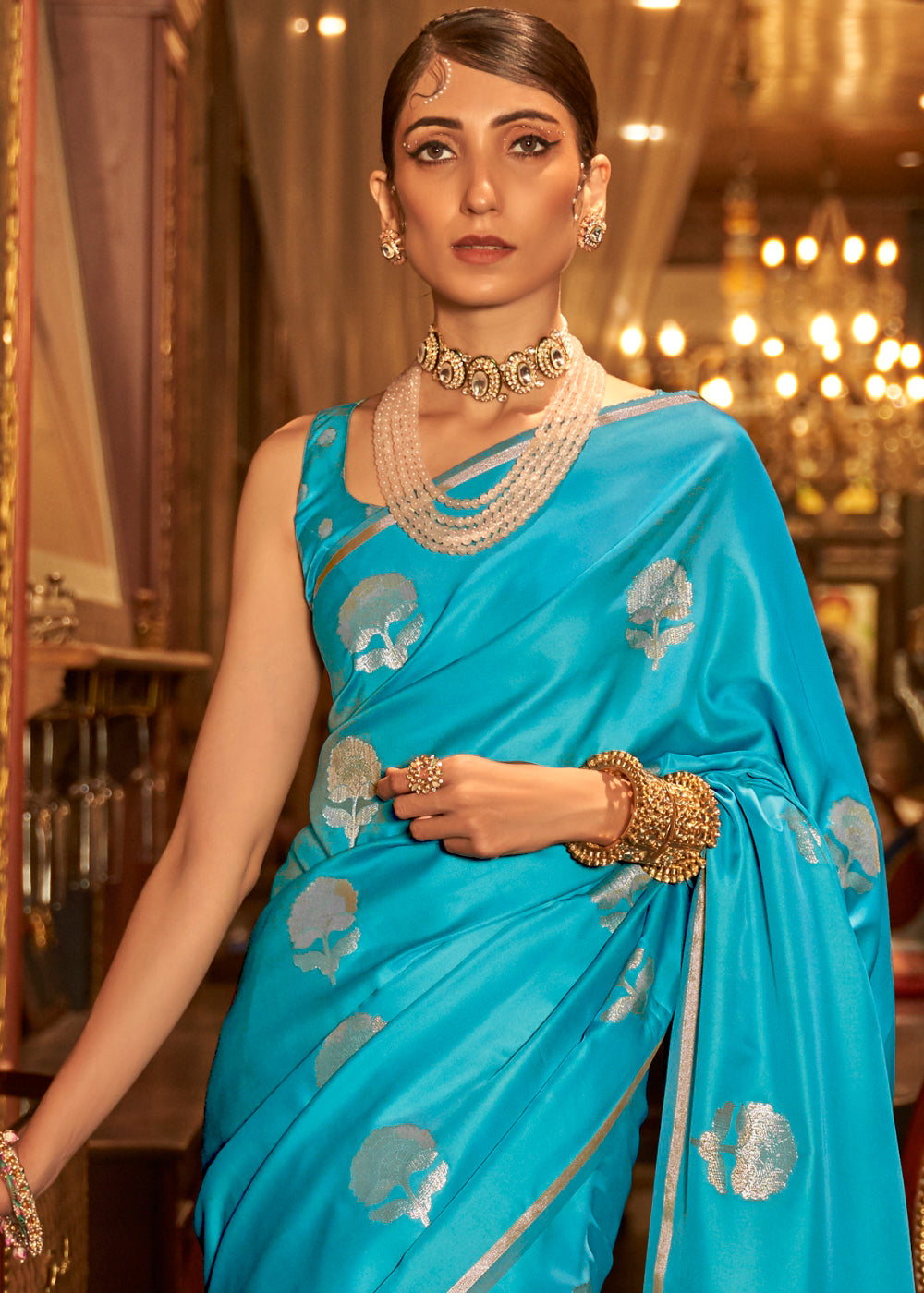 Garnet Blue Woven Banarasi Satin Silk Sare