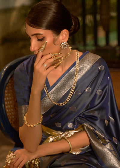 Elegant Deep Blue Woven Satin Banarasi Silk Saree with Intricate Zari Weaving