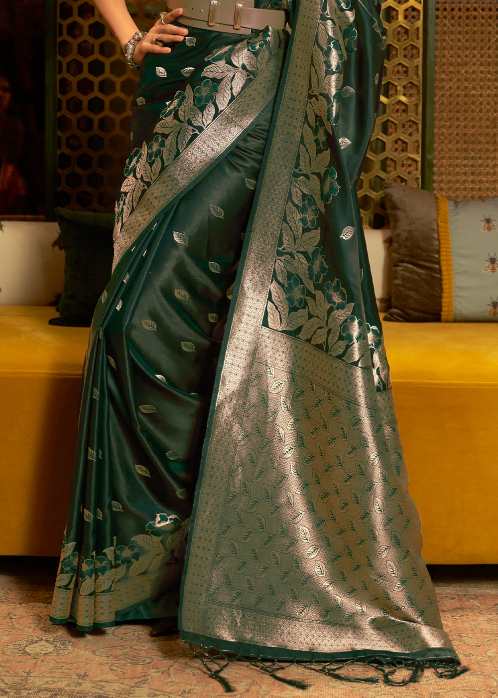 Elegant Dark Green Banarasi Silk Saree with Woven Satin Finish