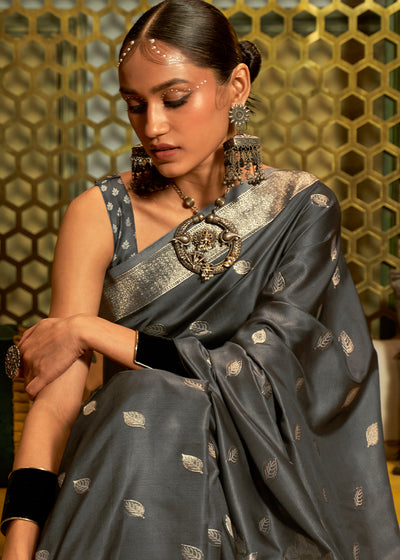 Chic Grey Banarasi Silk Saree with Woven Satin Finish