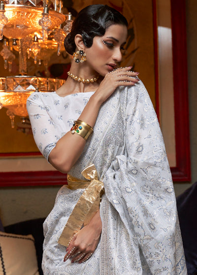 Elegant White Kashmiri Cotton Silk Saree for a Timeless Charm