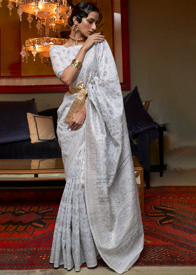 Elegant White Kashmiri Cotton Silk Saree for a Timeless Charm