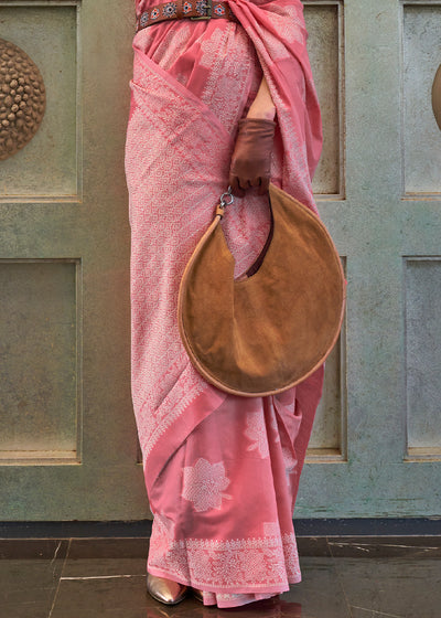 Graceful Light Pink Lucknowi Chikankari Saree with Traditional Weaving"