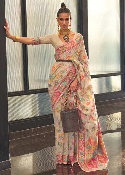 Fairy Tale" Off-White Pink Digital Print Kashmiri Cotton Saree with Floral Motifs