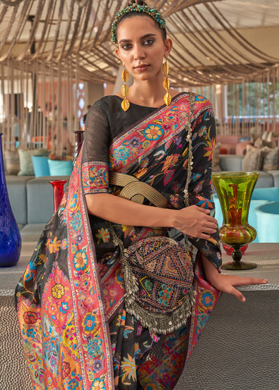 Exquisite Black Woven Kashmiri Cotton Silk Saree