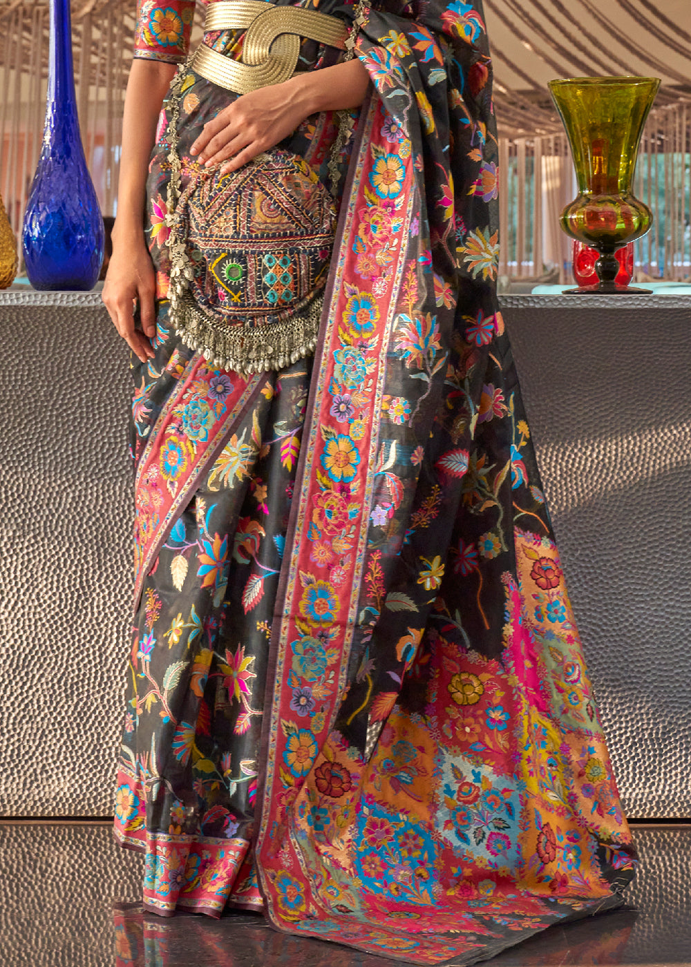 Exquisite Black Woven Kashmiri Cotton Silk Saree