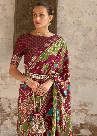 Earthly Elegance: Brown & Green Printed Patola Silk Saree with Zari Border