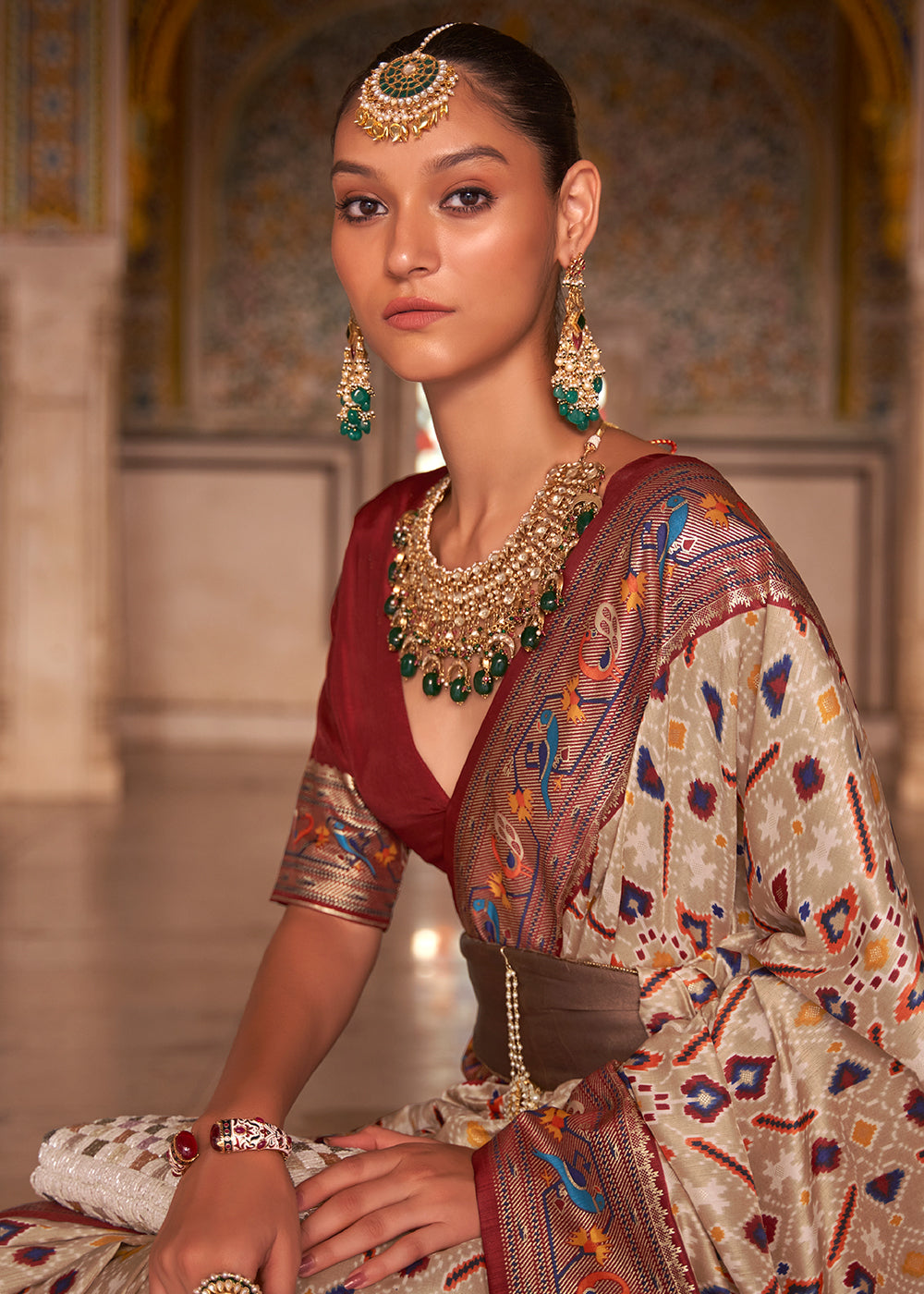 Elegant Beige Patola Silk Saree - A Classic and Timeless Choice