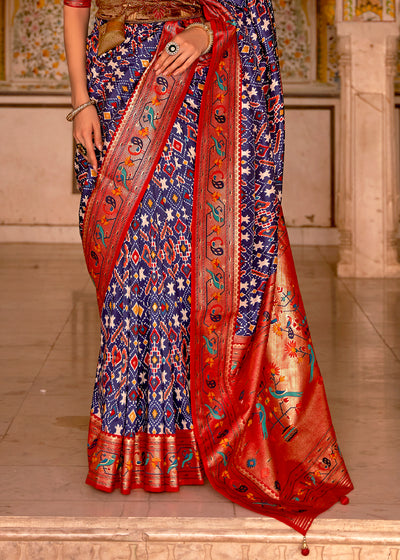 Bold Blue and Red Patola Silk Saree - A Stunning Fusion of Colors