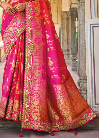 Enchanting Rani Pink Banarasi Silk Saree with Intricate Woven Designs