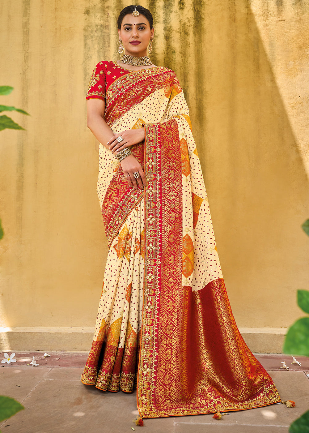 Elegant Off-White and Red Banarasi Woven Saree with Embroidered Blouse