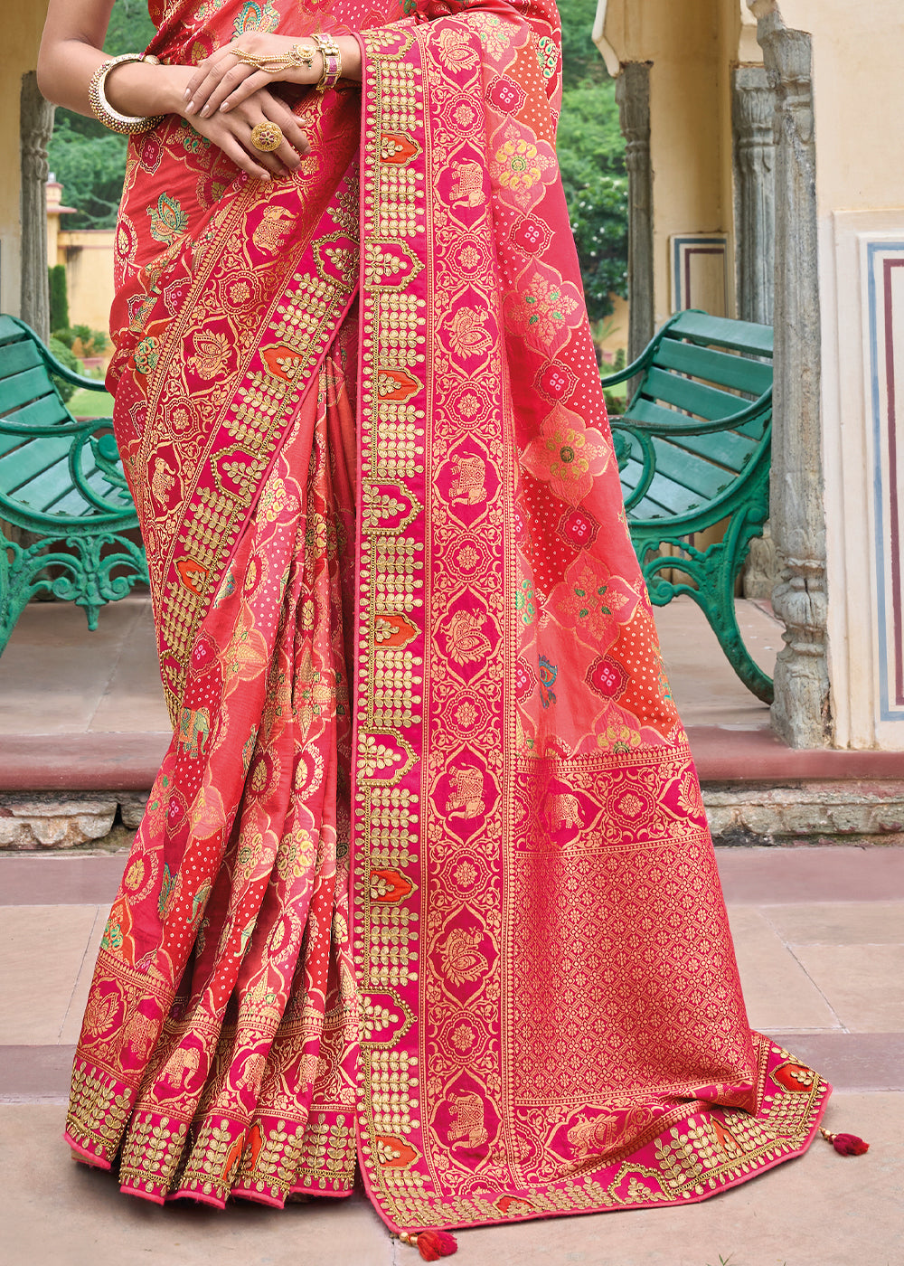 Flaming Red Patola Silk Saree with Embroidered Blouse