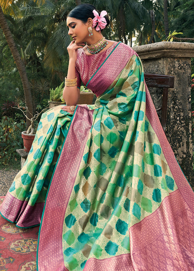 Emerald Enchantment: Green Woven Banarasi Organza Silk Saree