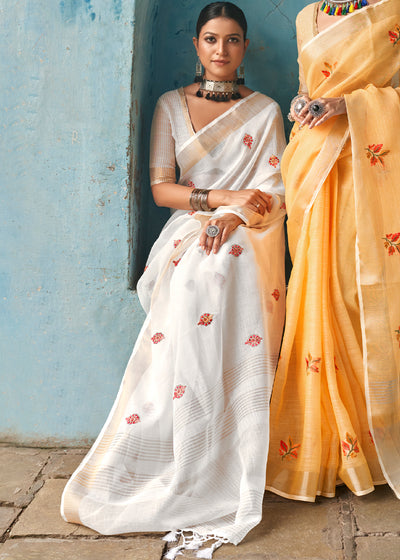 Pure Elegance: A Frostine White Linen Saree for Timeless Beauty