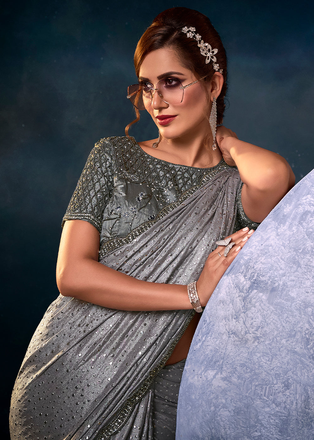Elegant Silver Grey Festive Saree with Intricate Embroidery Detailing