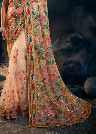 Elegant Cream Peach Embroidered Saree with Beautiful Detailing