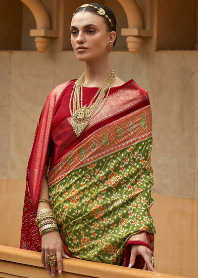 Celebrate India's Heritage with the India Green Woven Patola Silk Saree"