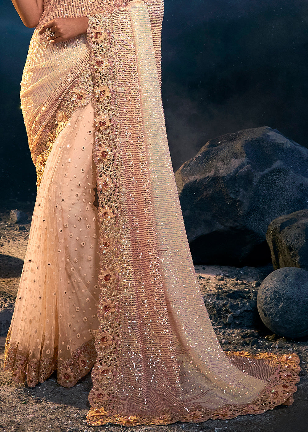 Charming Pale Peach Embroidered Saree with Exquisite Detailing