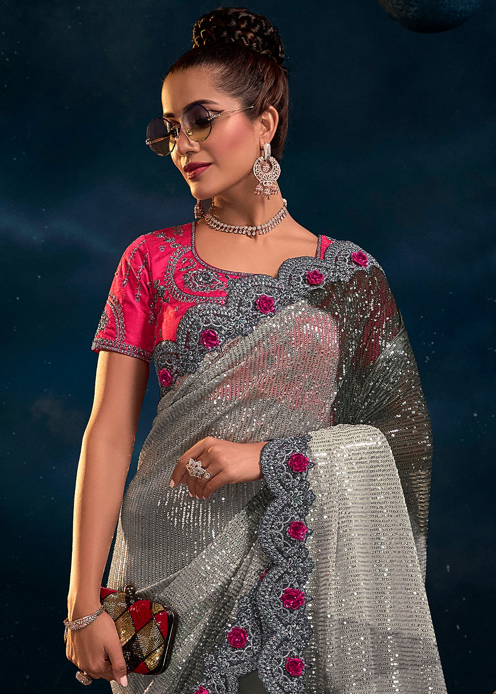 Graceful Pink and Grey Embroidered Saree with Elegant Detailing