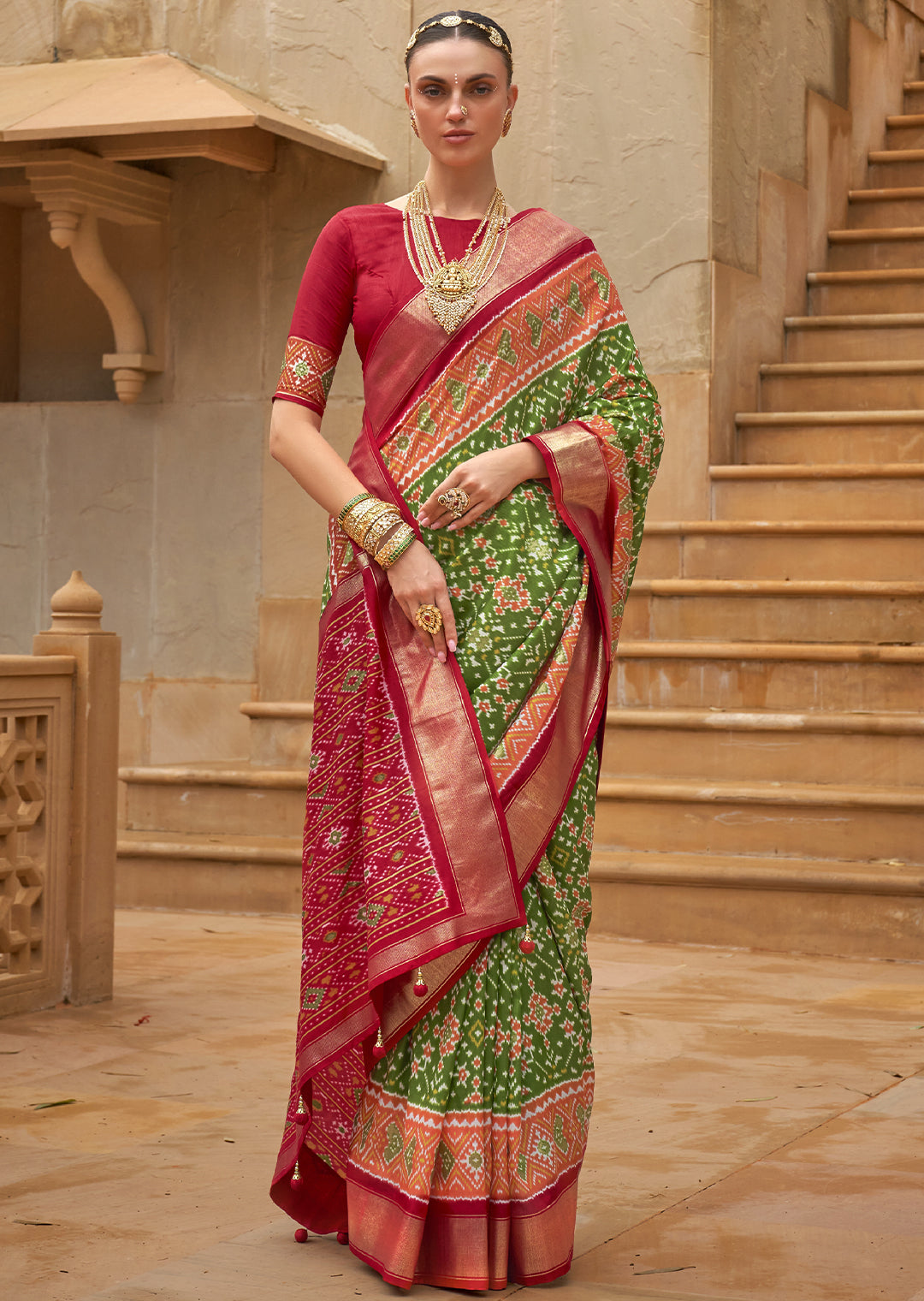 Celebrate India's Heritage with the India Green Woven Patola Silk Saree"