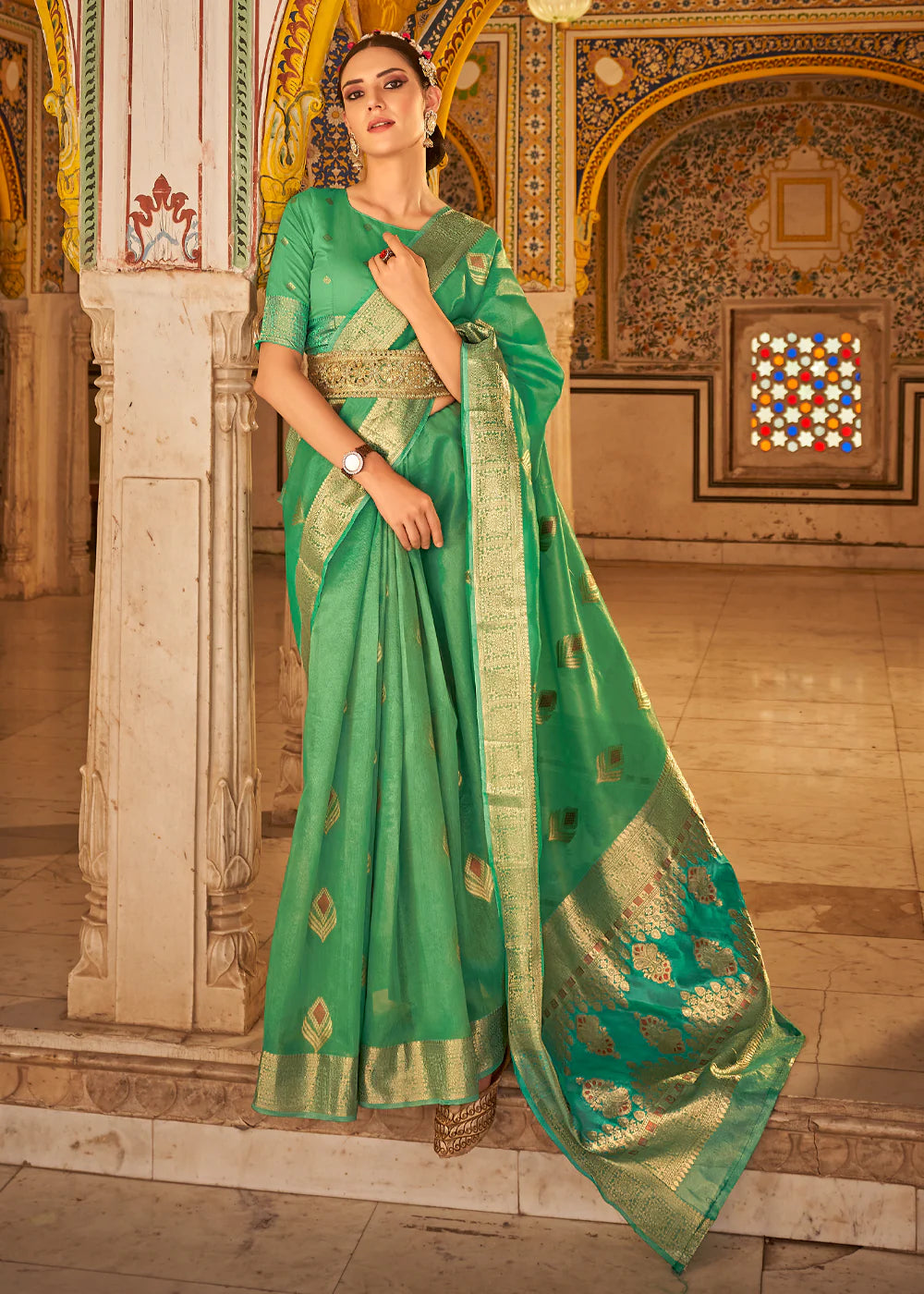 SLMIY GREEN Banarasi Tissue Silk Saree