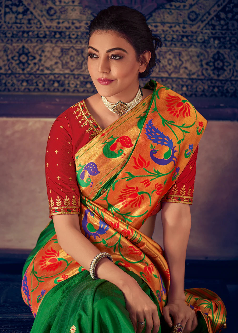 Peacock GREEN GOLD ZARI WOVEN PAITHANI SILK SAREE WITH DESIGNER BLOUSE