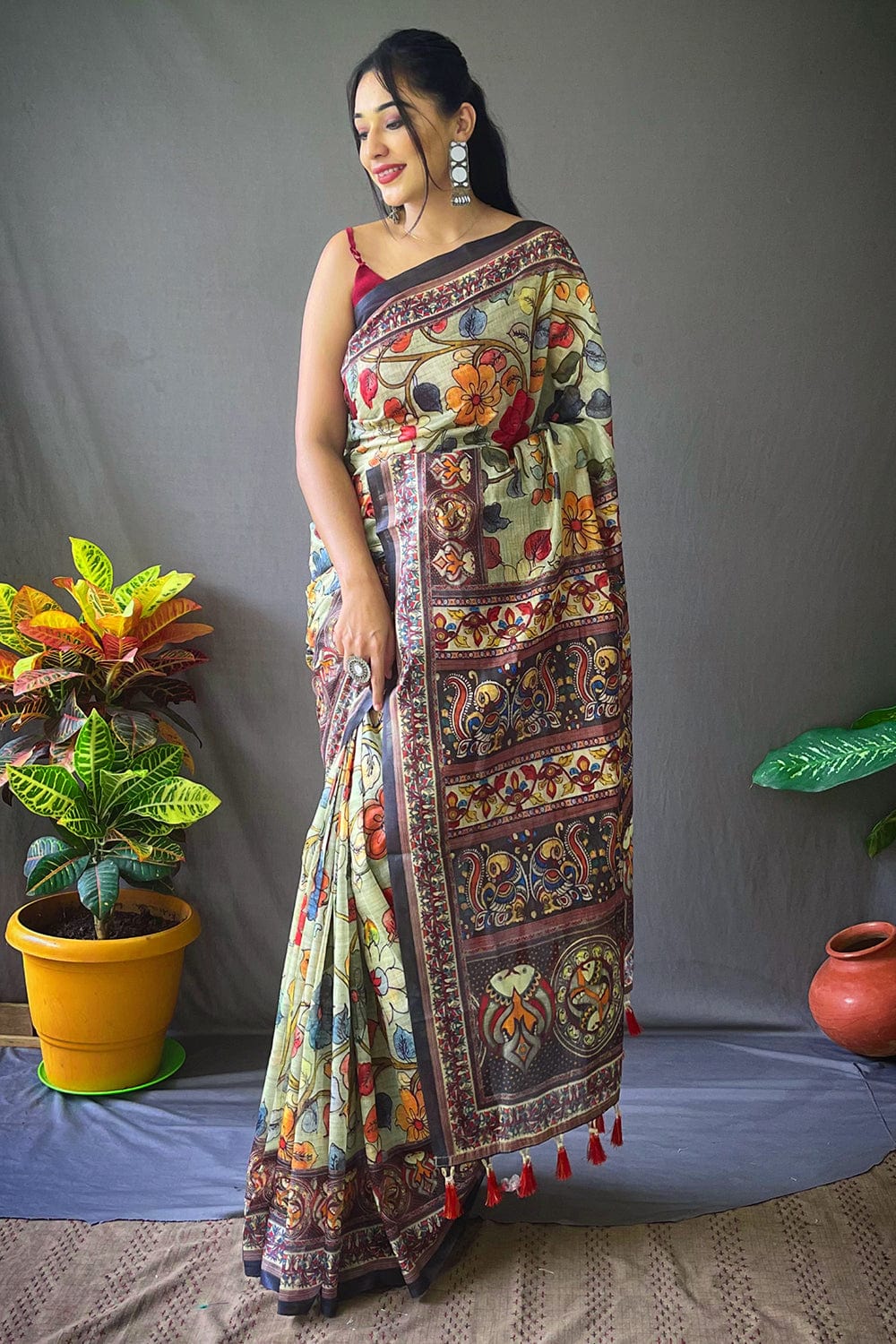 PITCH GREEN KALAMKARI PRINTED SOFT COTTON SAREE