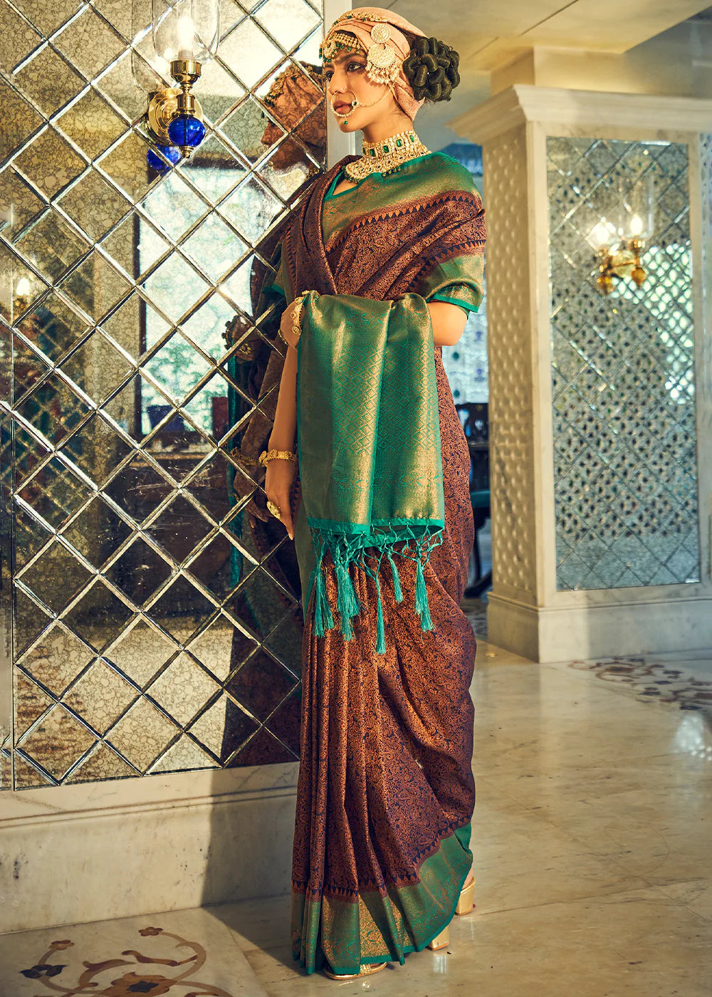 BROWN & GREEN WOVEN DESIGNER SILK SAREE WITH ZARI