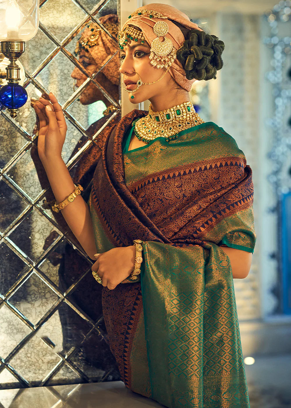 BROWN & GREEN WOVEN DESIGNER SILK SAREE WITH ZARI