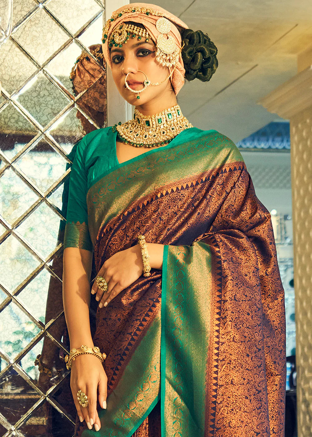 BROWN & GREEN WOVEN DESIGNER SILK SAREE WITH ZARI