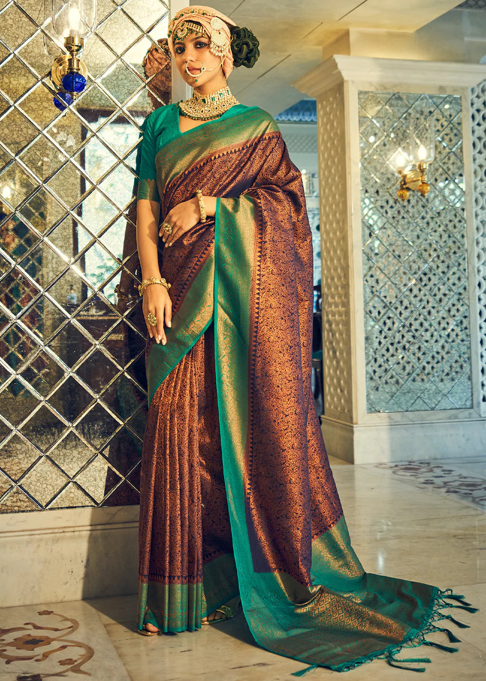 BROWN & GREEN WOVEN DESIGNER SILK SAREE WITH ZARI