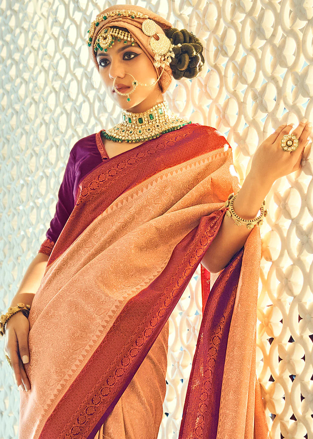 PEACH BEIGE & WINE WOVEN DESIGNER SILK SAREE WITH ZARI