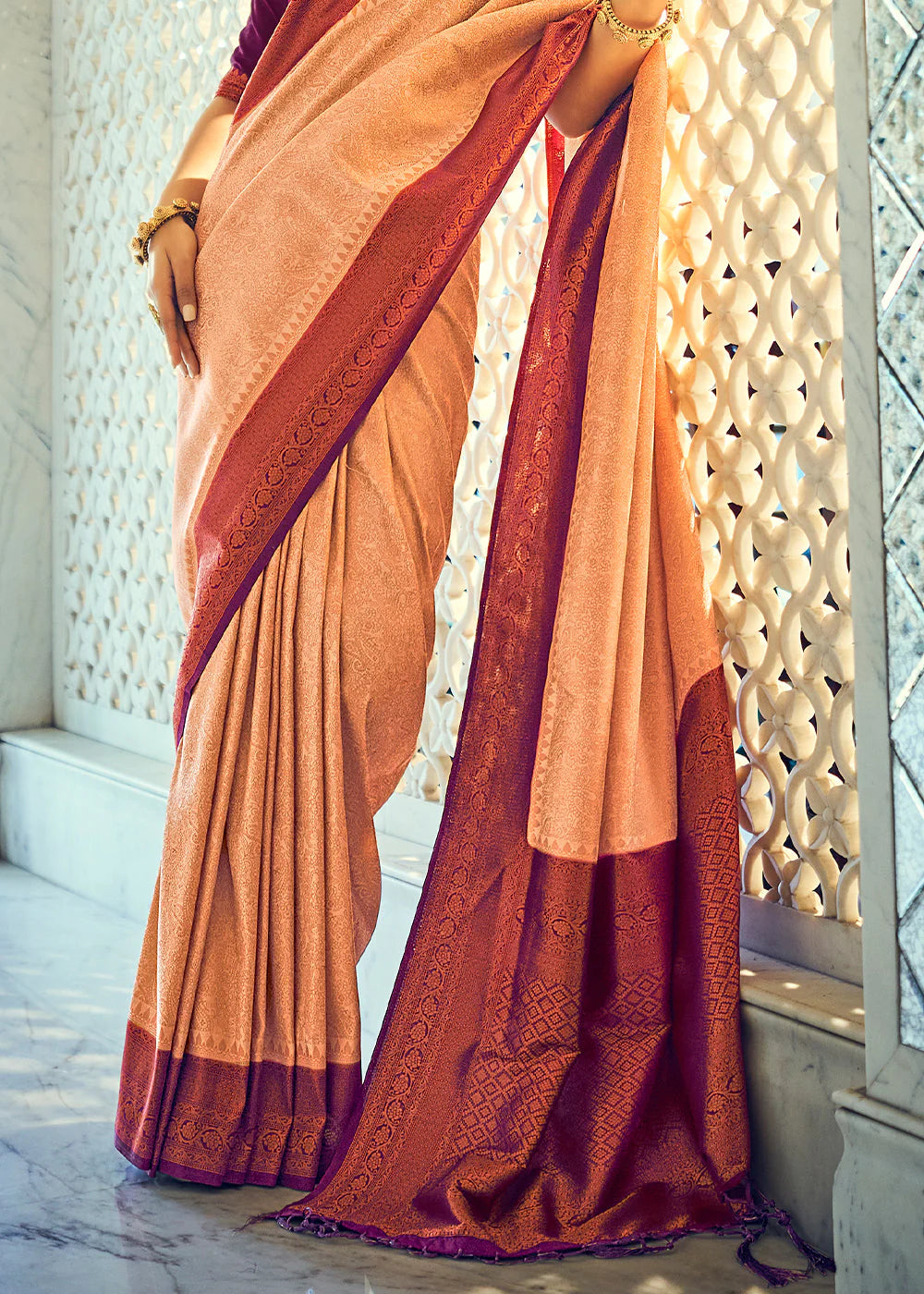 PEACH BEIGE & WINE WOVEN DESIGNER SILK SAREE WITH ZARI