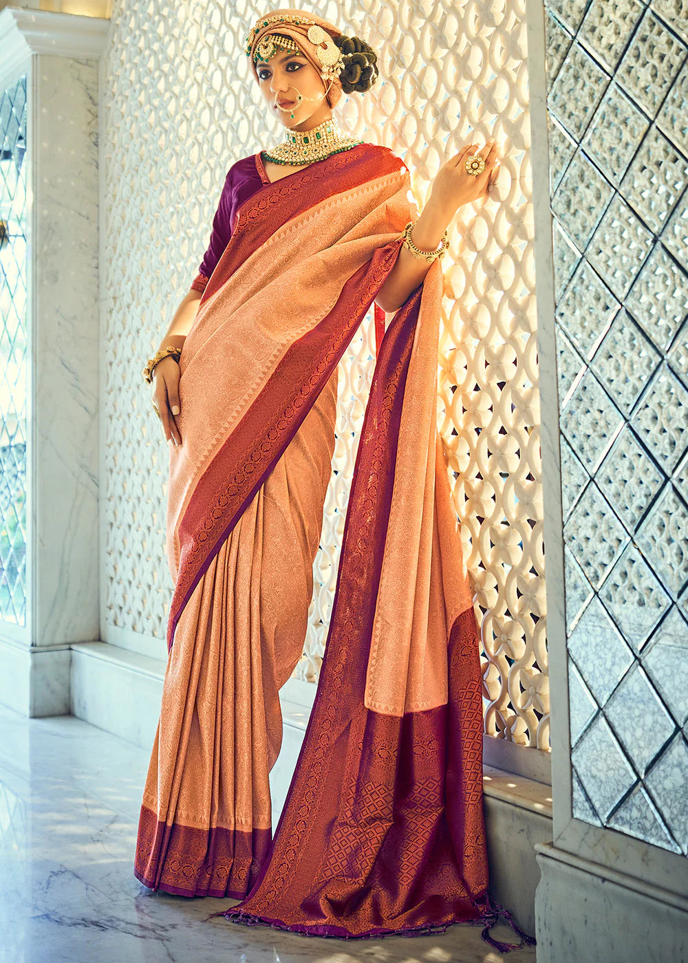 PEACH BEIGE & WINE WOVEN DESIGNER SILK SAREE WITH ZARI