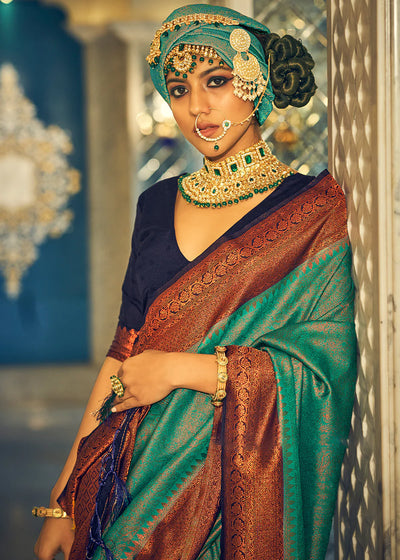 GREEN & WINE WOVEN DESIGNER SILK SAREE WITH ZARI