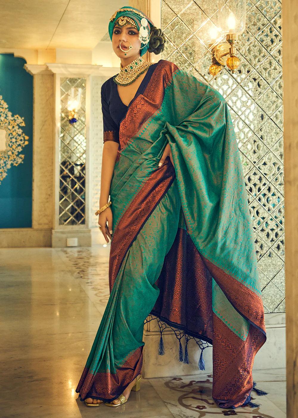 GREEN & WINE WOVEN DESIGNER SILK SAREE WITH ZARI