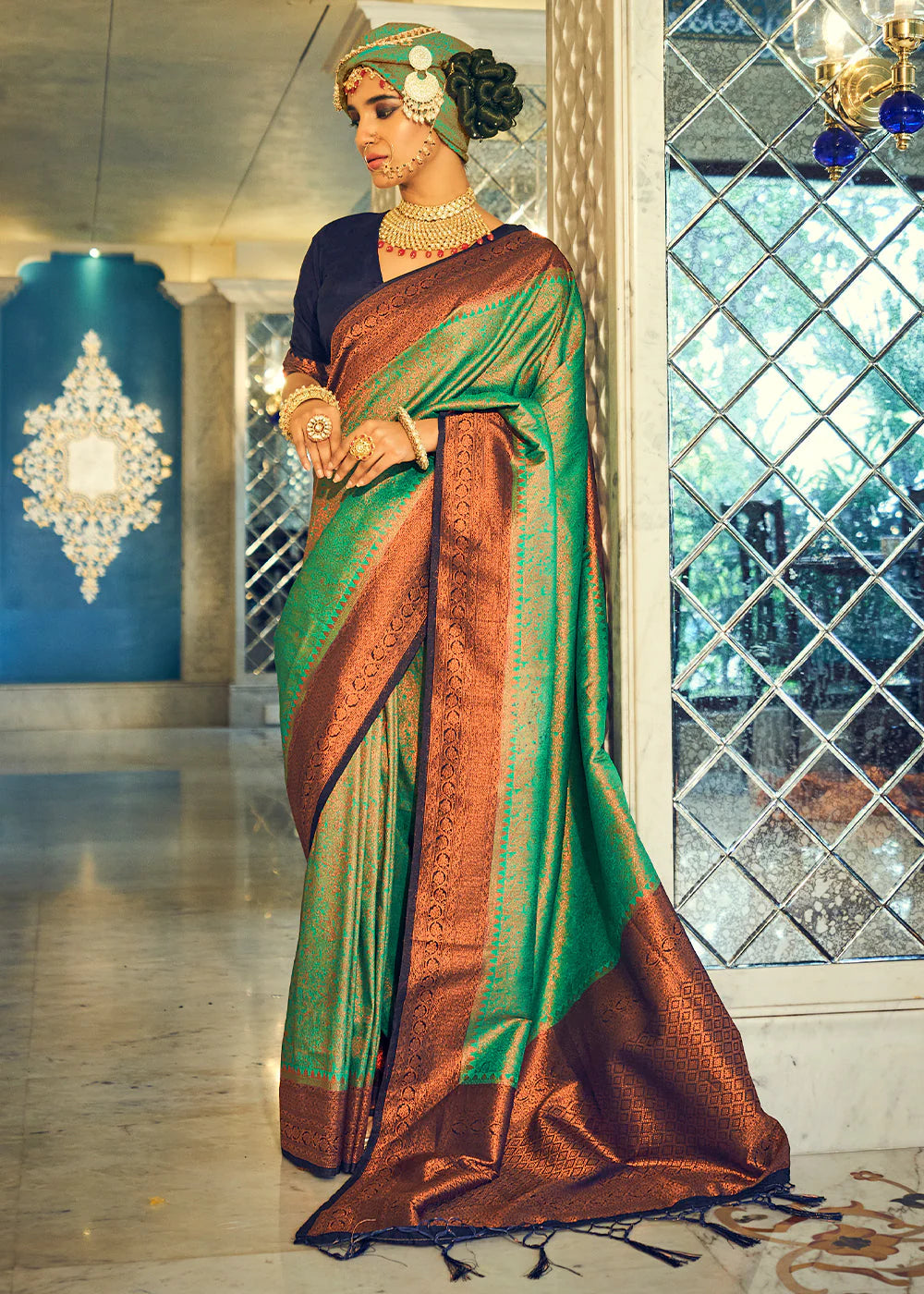 GREEN & BLUE WOVEN DESIGNER SILK SAREE WITH ZARI