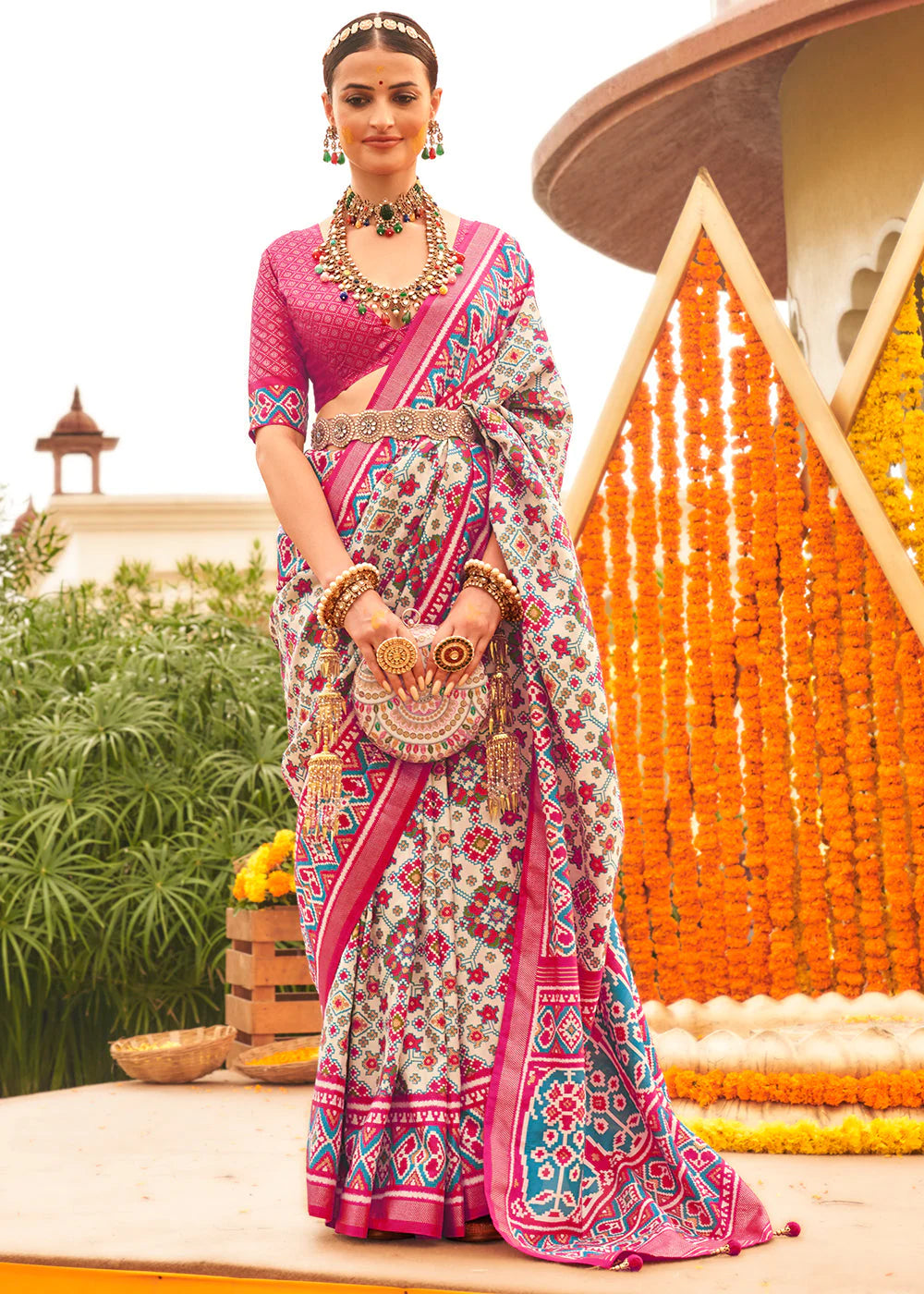 PINK & WHITE PATOLA PRINTED SIK SAREE