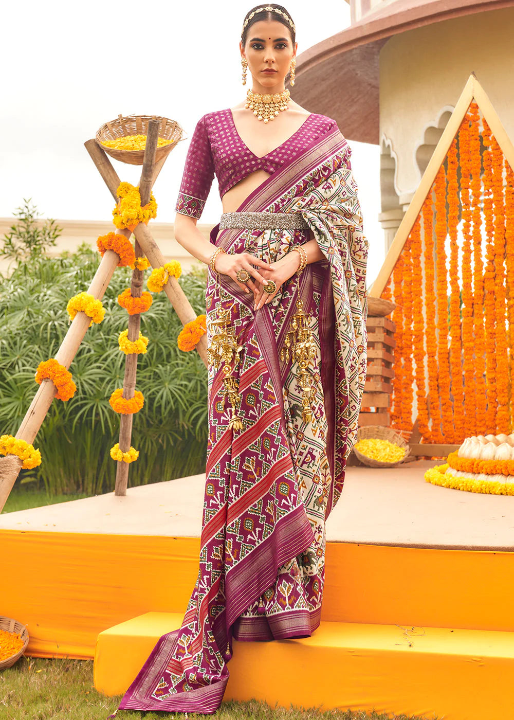 WINE MAGENTA & WHITE PATOLA PRINTED SIK SAREE