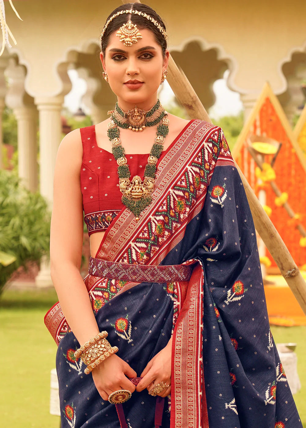 NAVY BLUE PRINTED PATOLA DESIGNER SILK SAREE