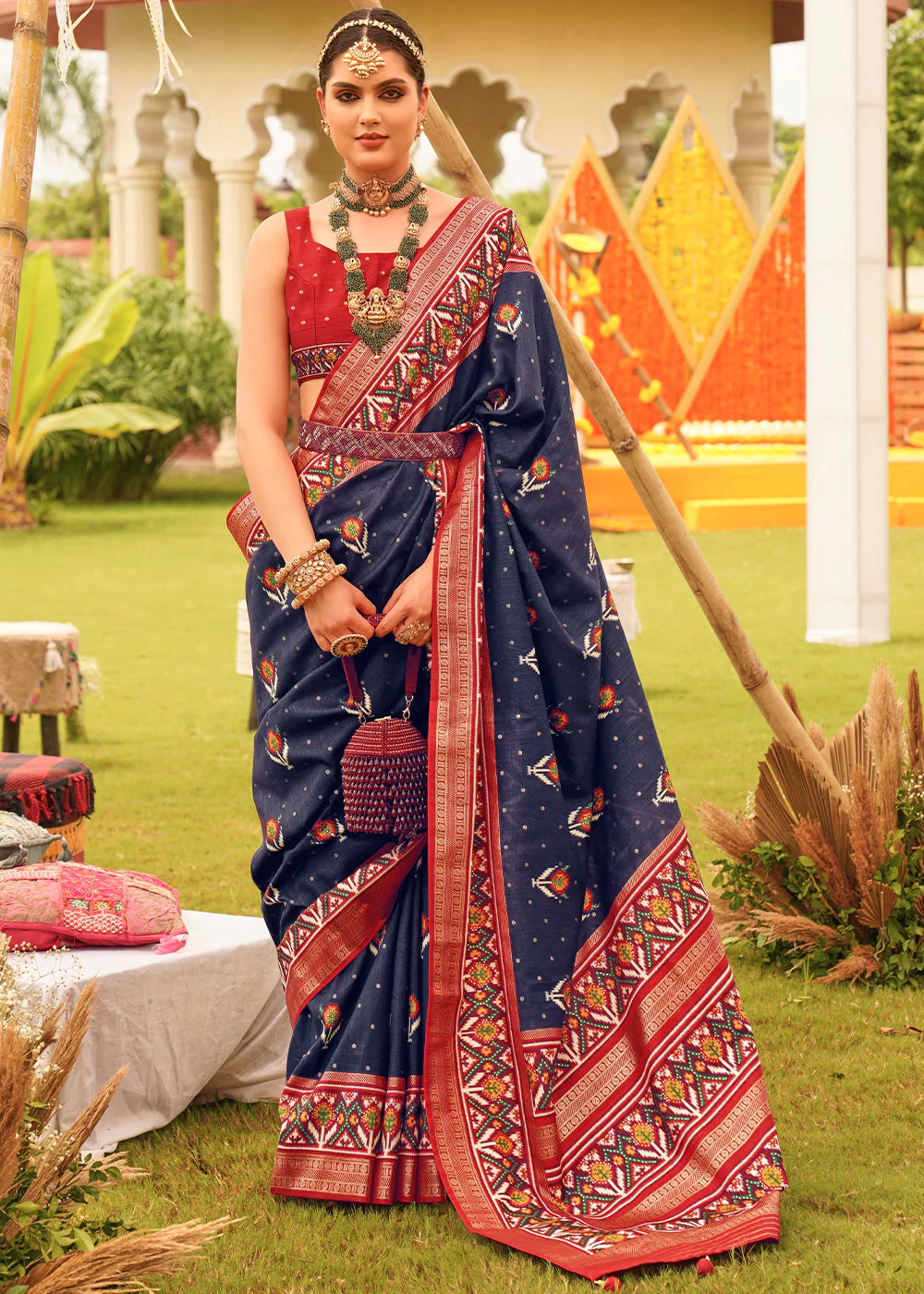 NAVY BLUE PRINTED PATOLA DESIGNER SILK SAREE