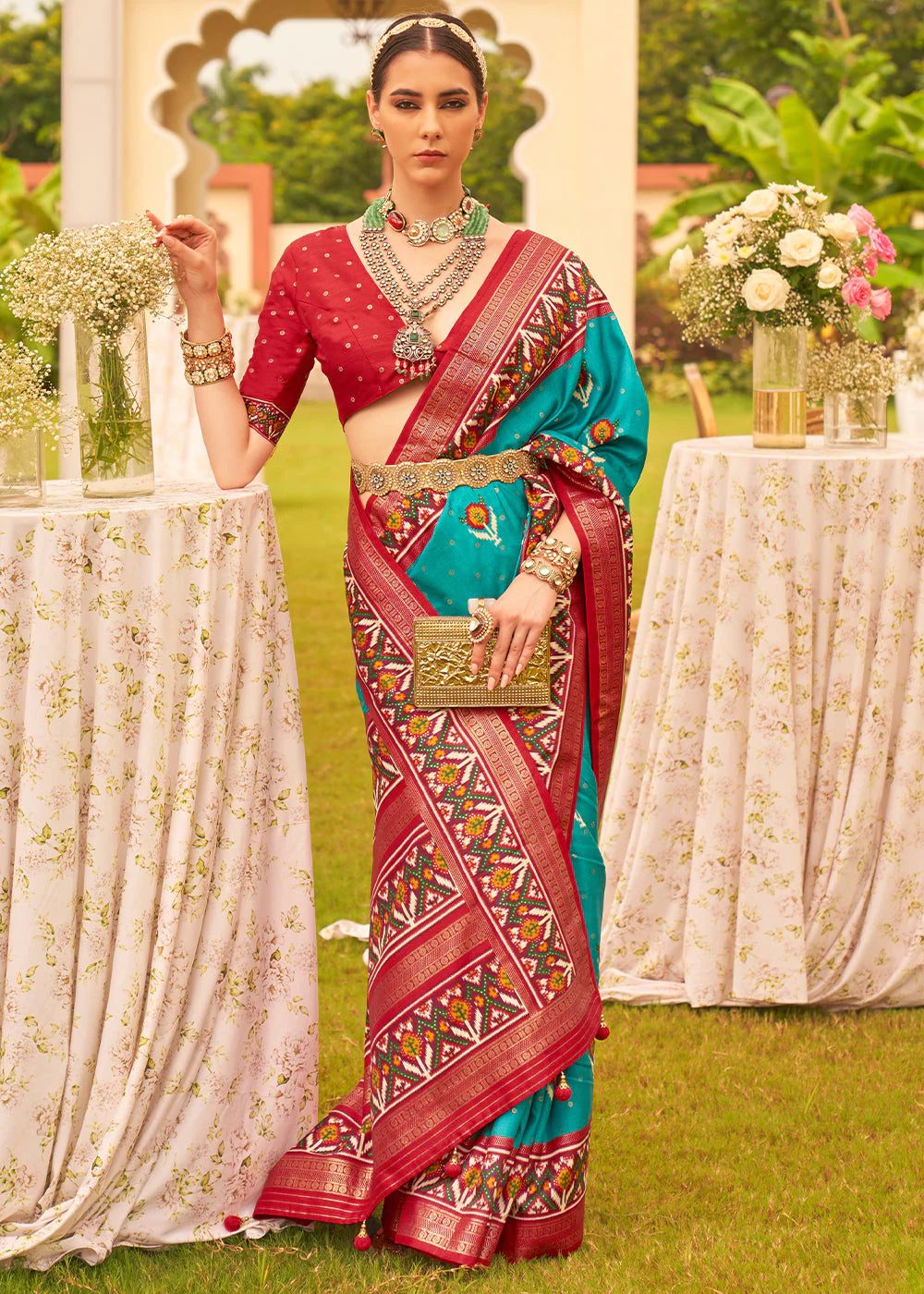 CYAN GREEN PRINTED PATOLA DESIGNER SILK SAREE