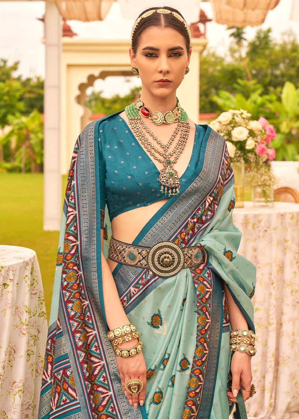 SKY BLUE PRINTED PATOLA DESIGNER SILK SAREE