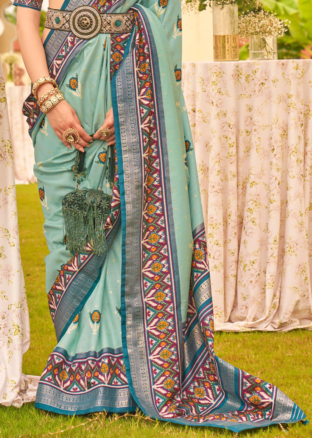 SKY BLUE PRINTED PATOLA DESIGNER SILK SAREE