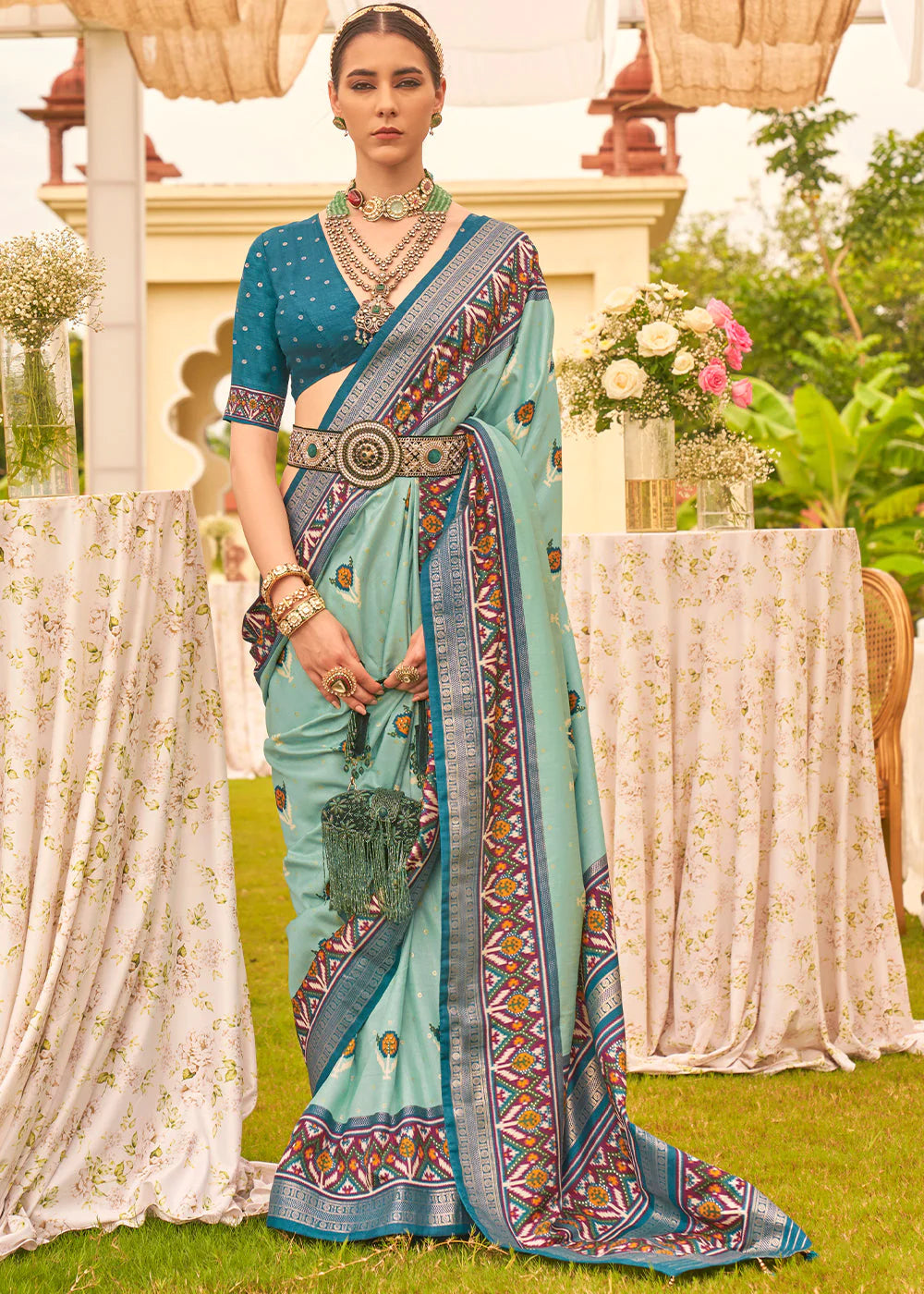 SKY BLUE PRINTED PATOLA DESIGNER SILK SAREE