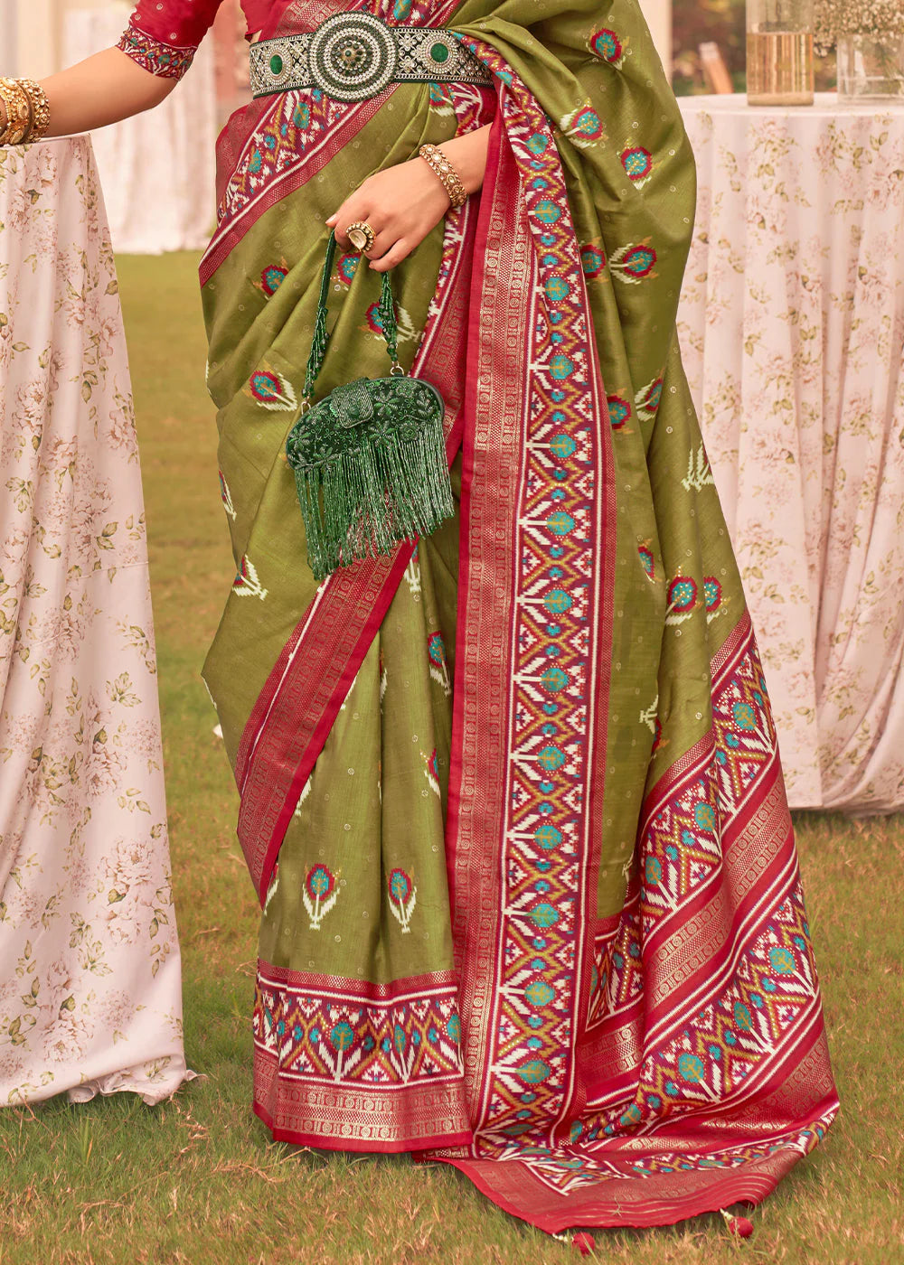 OLIVE GREEN PRINTED PATOLA DESIGNER SILK SAREE